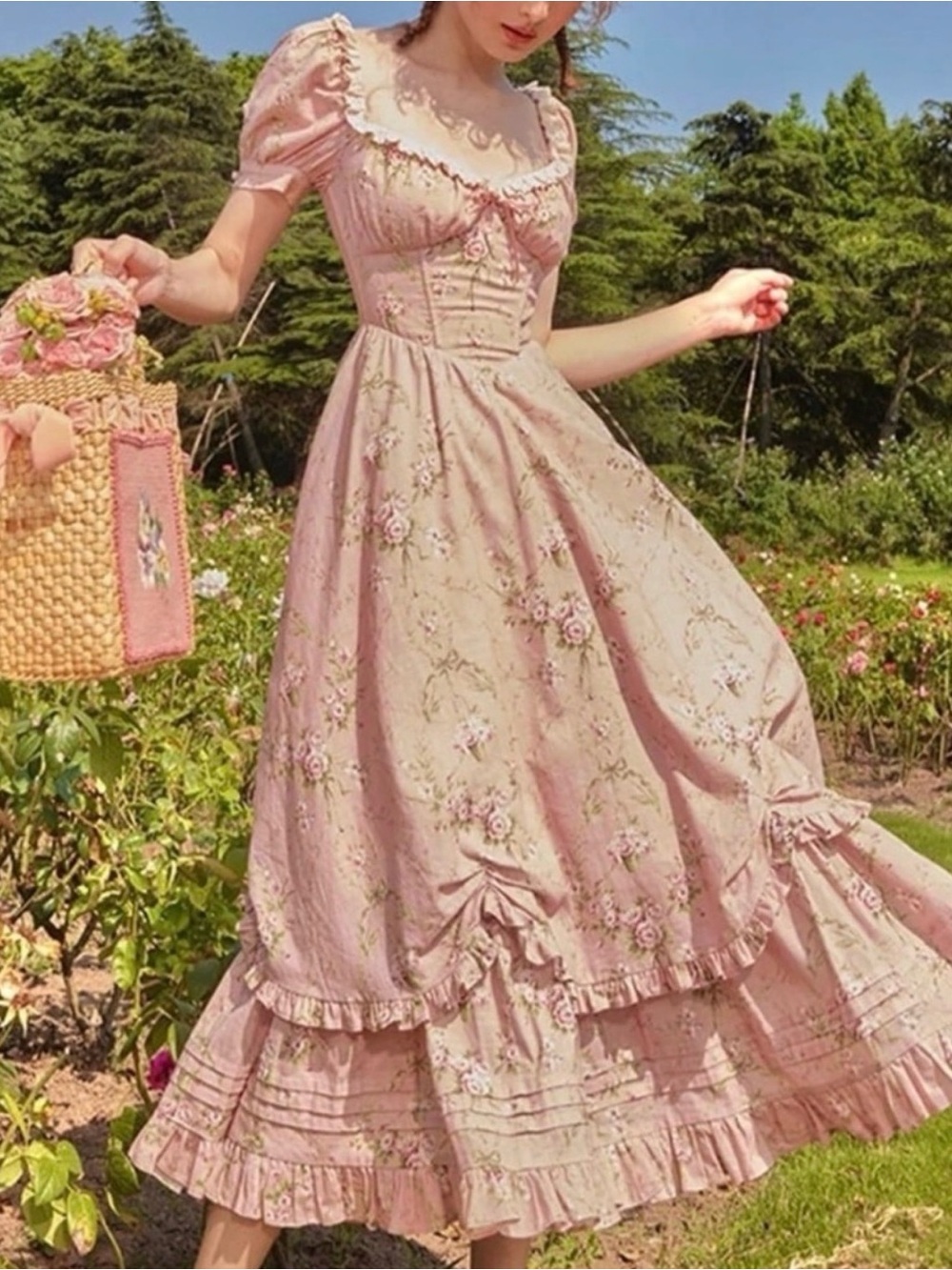 NWT Lacemade Vintage-Inspired Pink Floral Midi Dress with Ruffle Details size M
